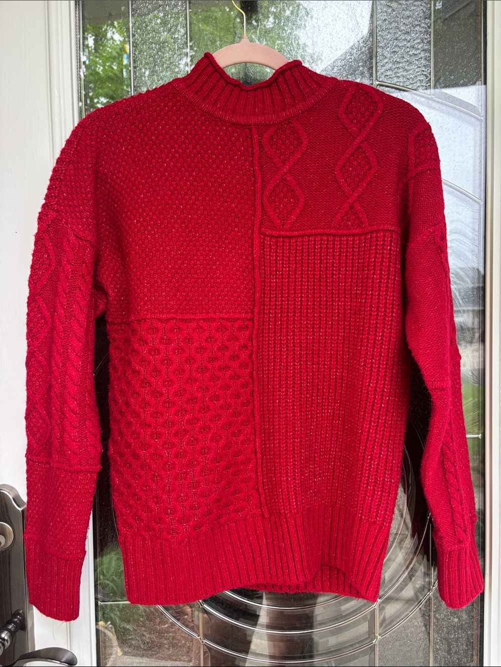 American Eagle Outfitters Red Patchwork Cable Knit Turtleneck Sweater